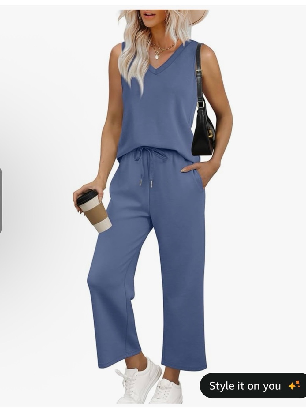 Relaxed V-Neck Two Piece Jumpsuit in Slate Blue